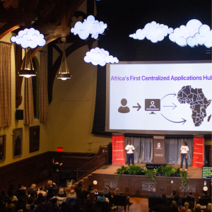 Overhead view of Sayles Hall during our pitch competition