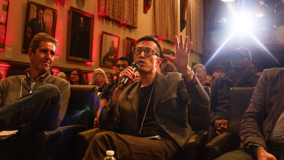 Judge speaking into mic during BVP event